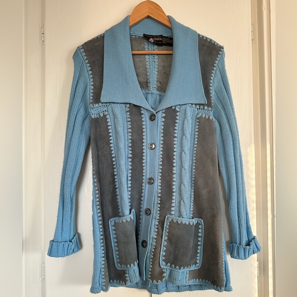 VINTAGE 70s Suede Patch Button Up Knit Sweater